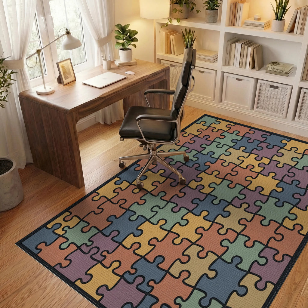 Colorful Puzzle Pieces Square Rug Office View
