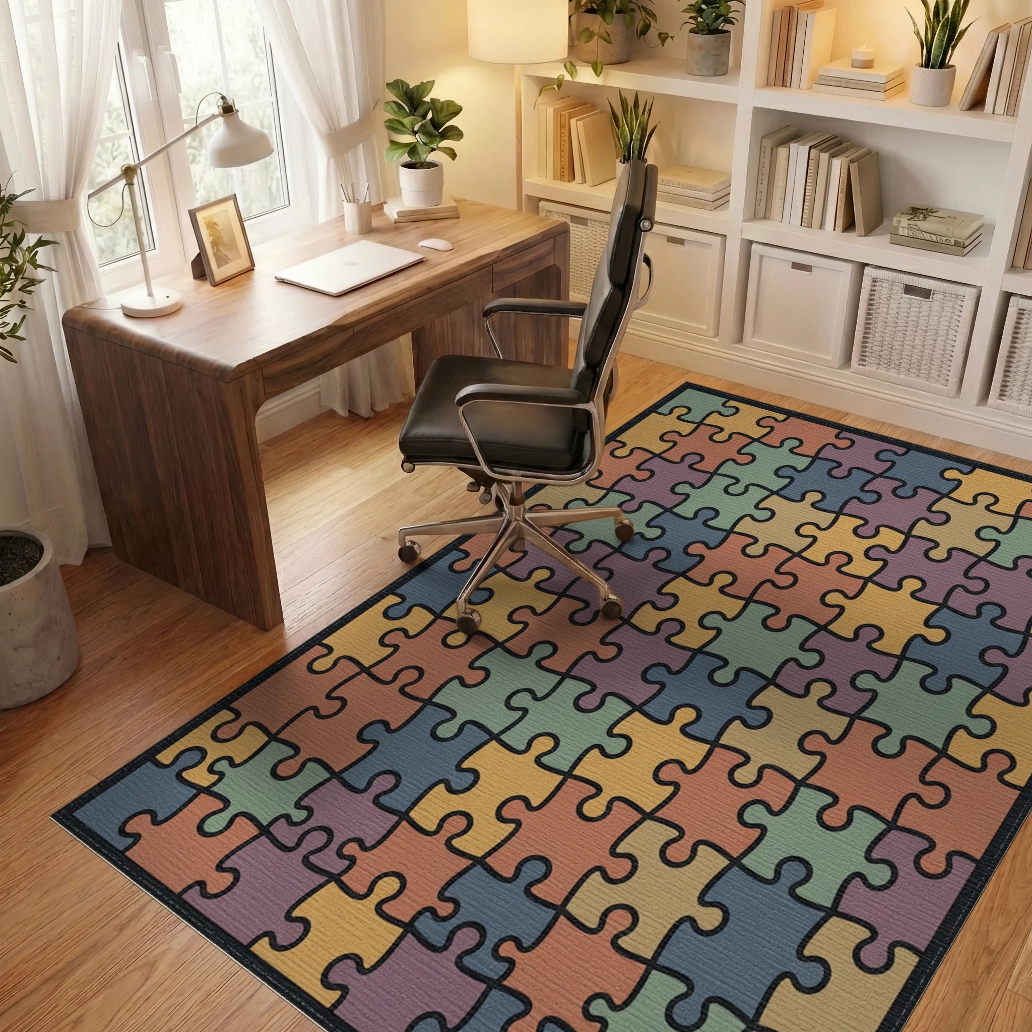 Colorful Puzzle Pieces Square Rug Office View
