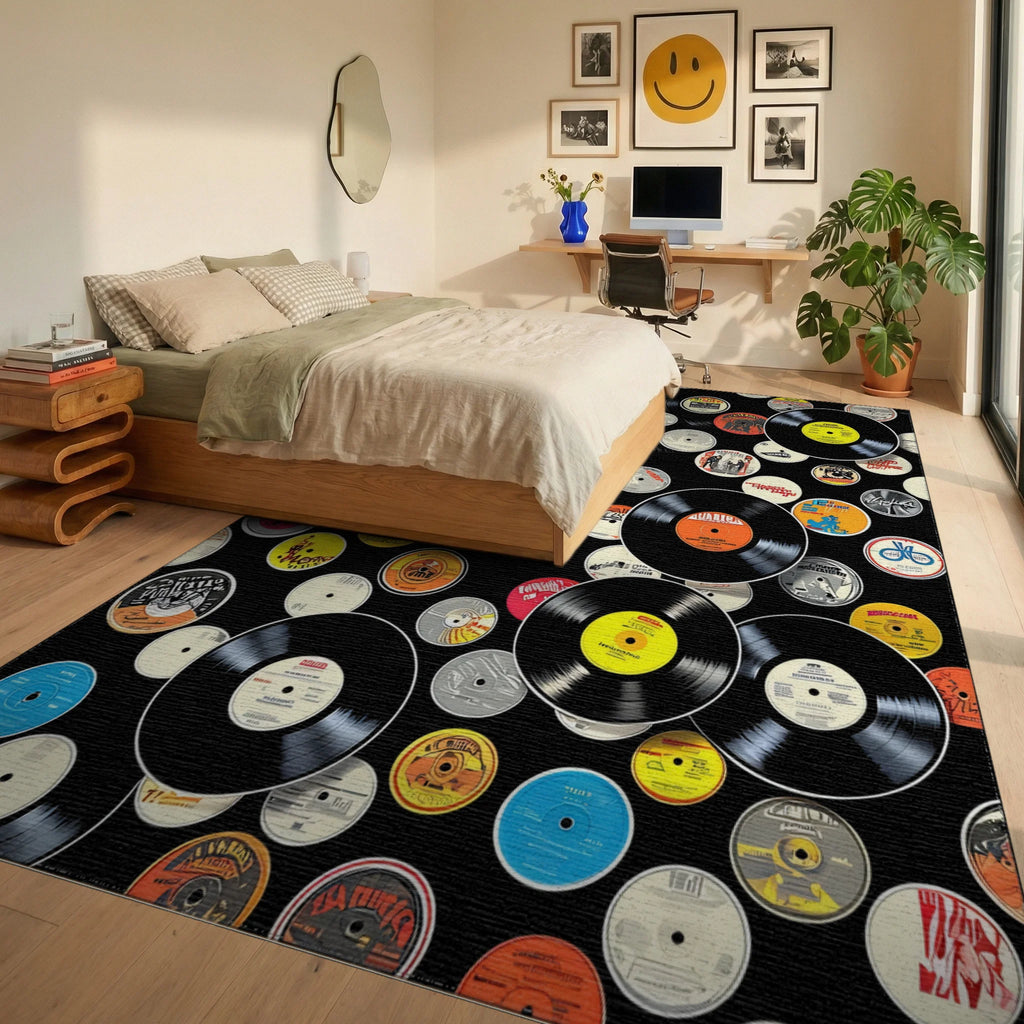 Colorful Scattered Vinyl Records Rug - Bedroom View