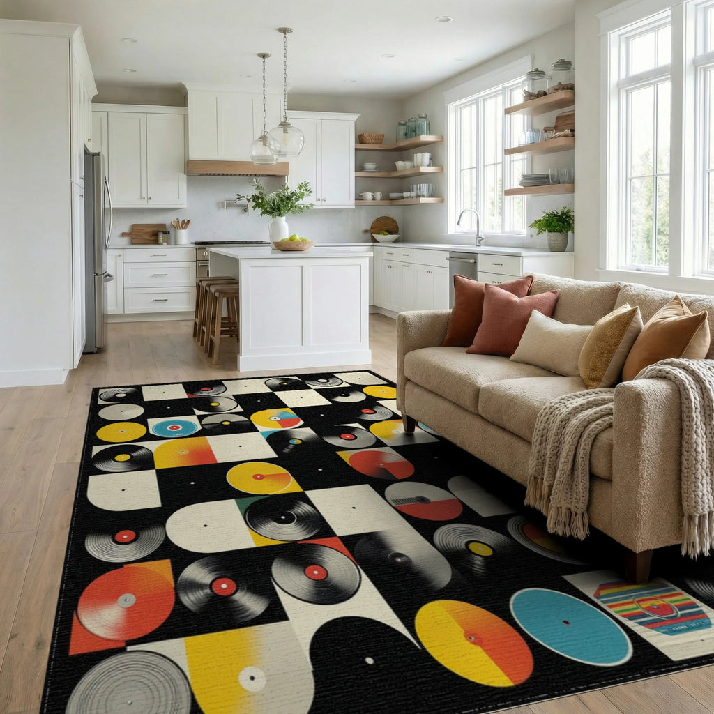 Colorful Vinyl Records Geometric Rug Living Room View