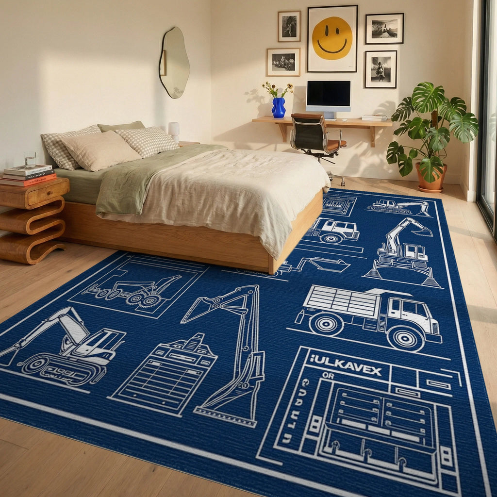 Construction Equipment Blueprint Art Rug Bedroom View