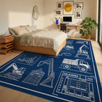Construction Equipment Blueprint Art Rug Bedroom View