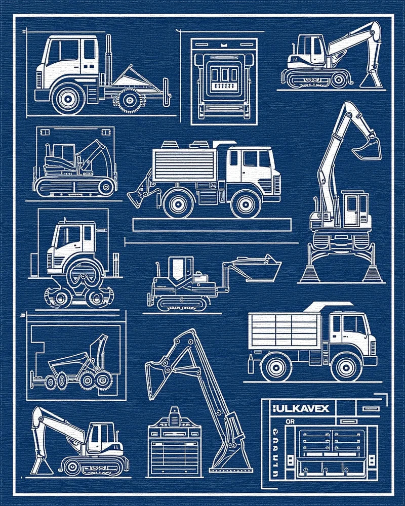 Construction Equipment Blueprint Art Rug - Cutout View
