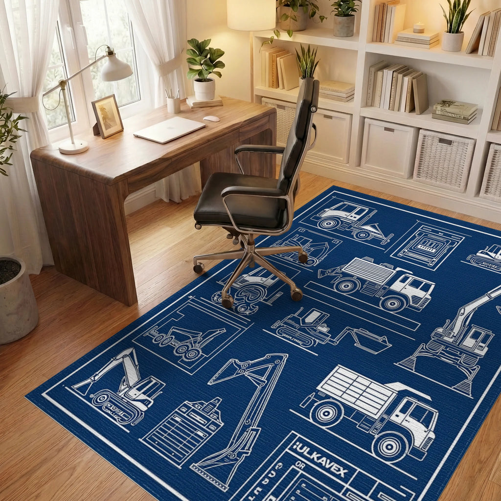Construction Equipment Blueprint Art Rug Office View