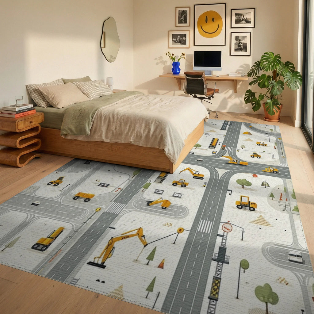 Construction Vehicles Road Map Design Rug - Bedroom View