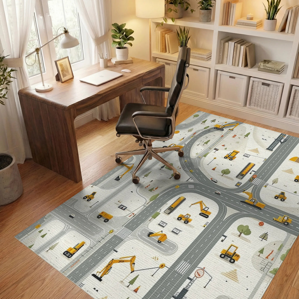 Construction Vehicles Road Map Design Rug - Office View