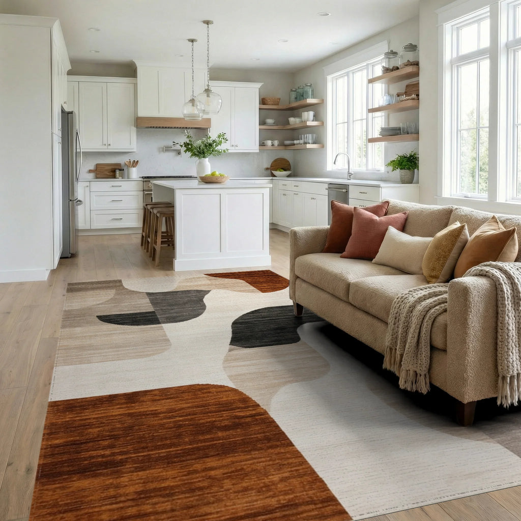 Contemporary Abstract Ochre Geometric Rug - Living Room View