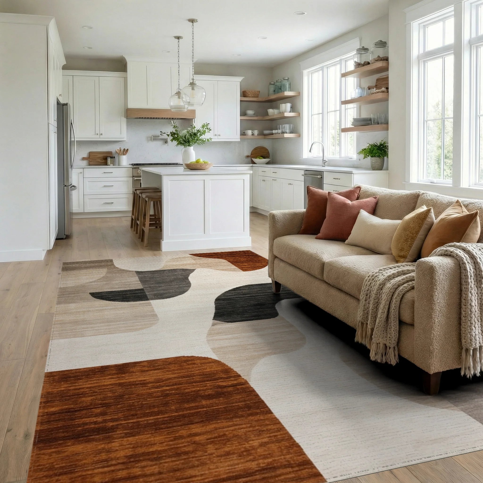 Contemporary Abstract Ochre Geometric Rug - Living Room View