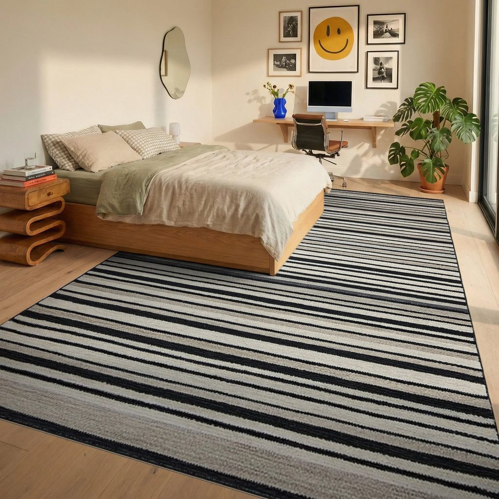 Contemporary Monochrome Horizontal Bands Rug - Bedroom View