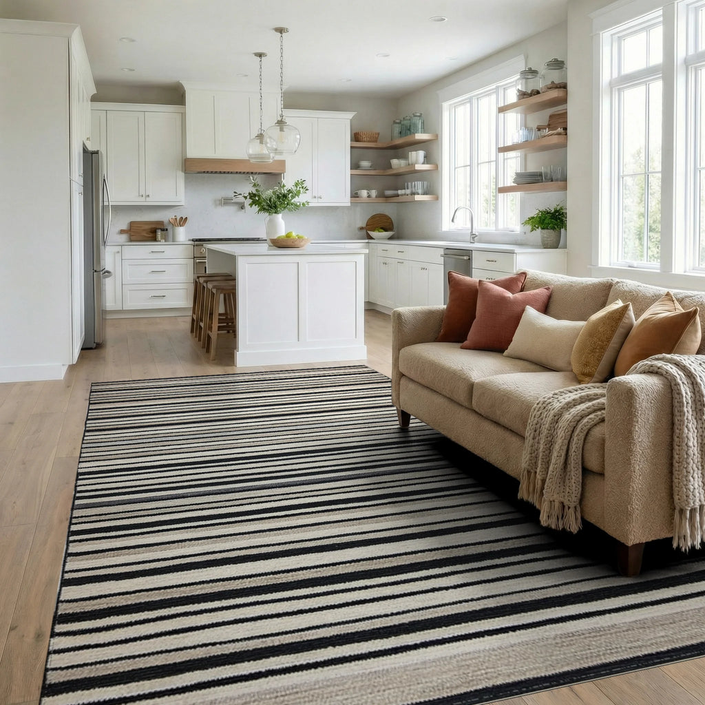 Contemporary Monochrome Horizontal Bands Rug - Living Room View