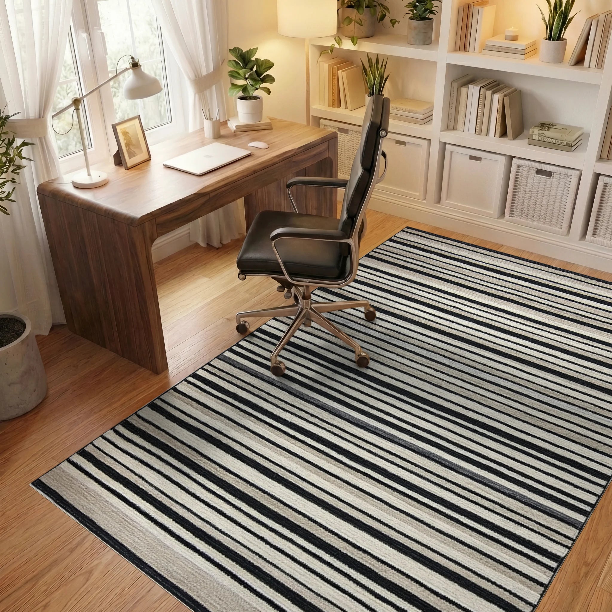 Contemporary Monochrome Horizontal Bands Rug - Office View