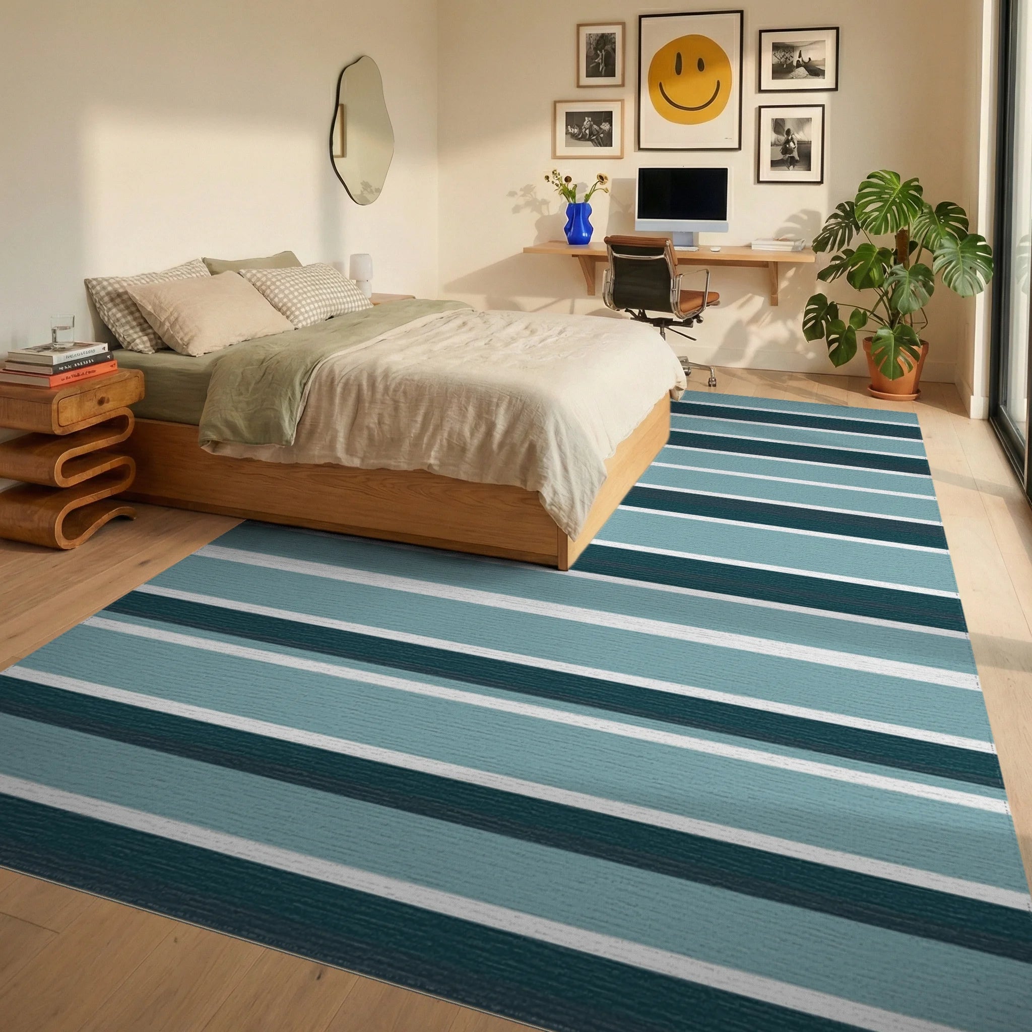 Contemporary Teal Horizontal Stripe Rug Bedroom View