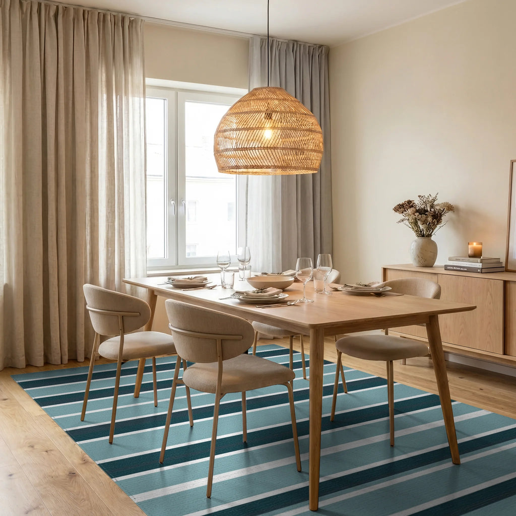 Contemporary Teal Horizontal Stripe Rug Dining Room View