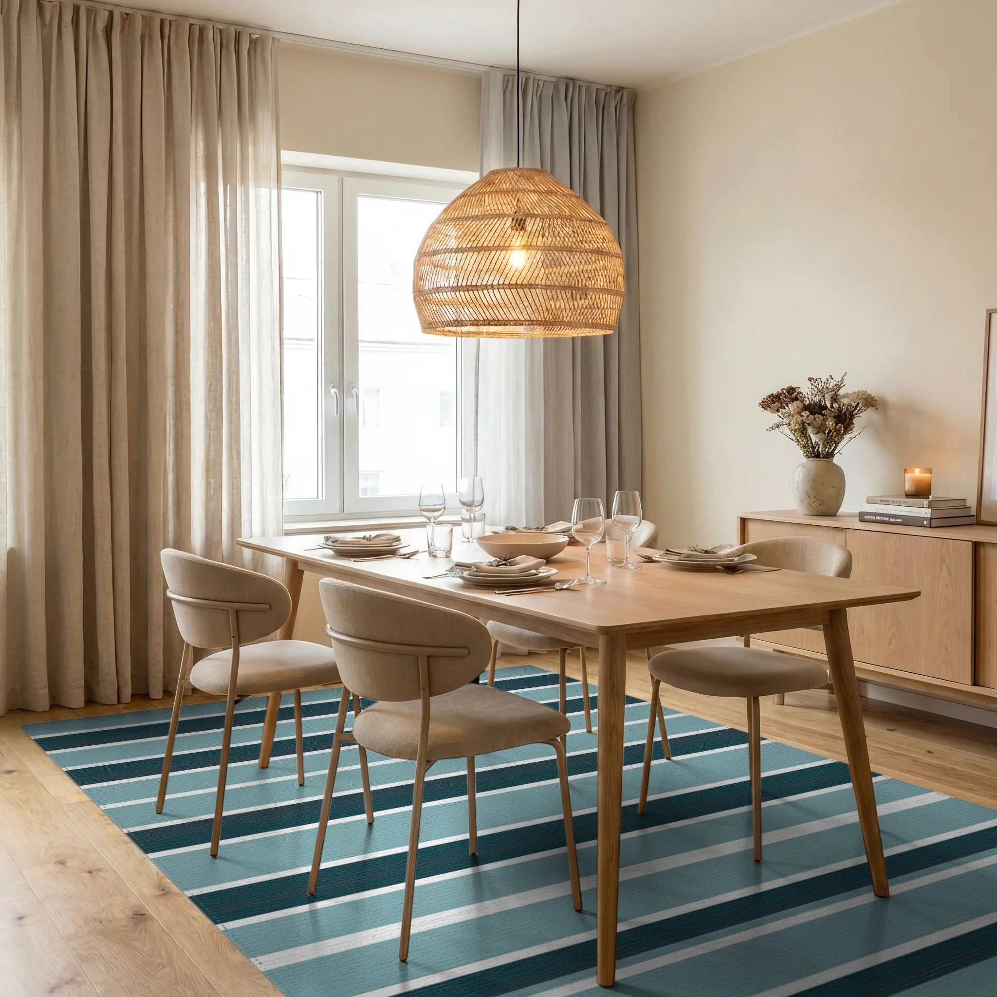 Contemporary Teal Horizontal Stripe Rug Dining Room View