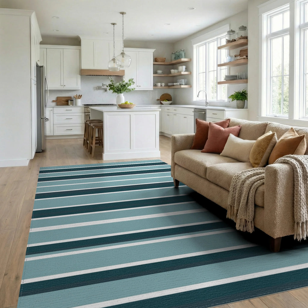 Contemporary Teal Horizontal Stripe Rug Living Room View
