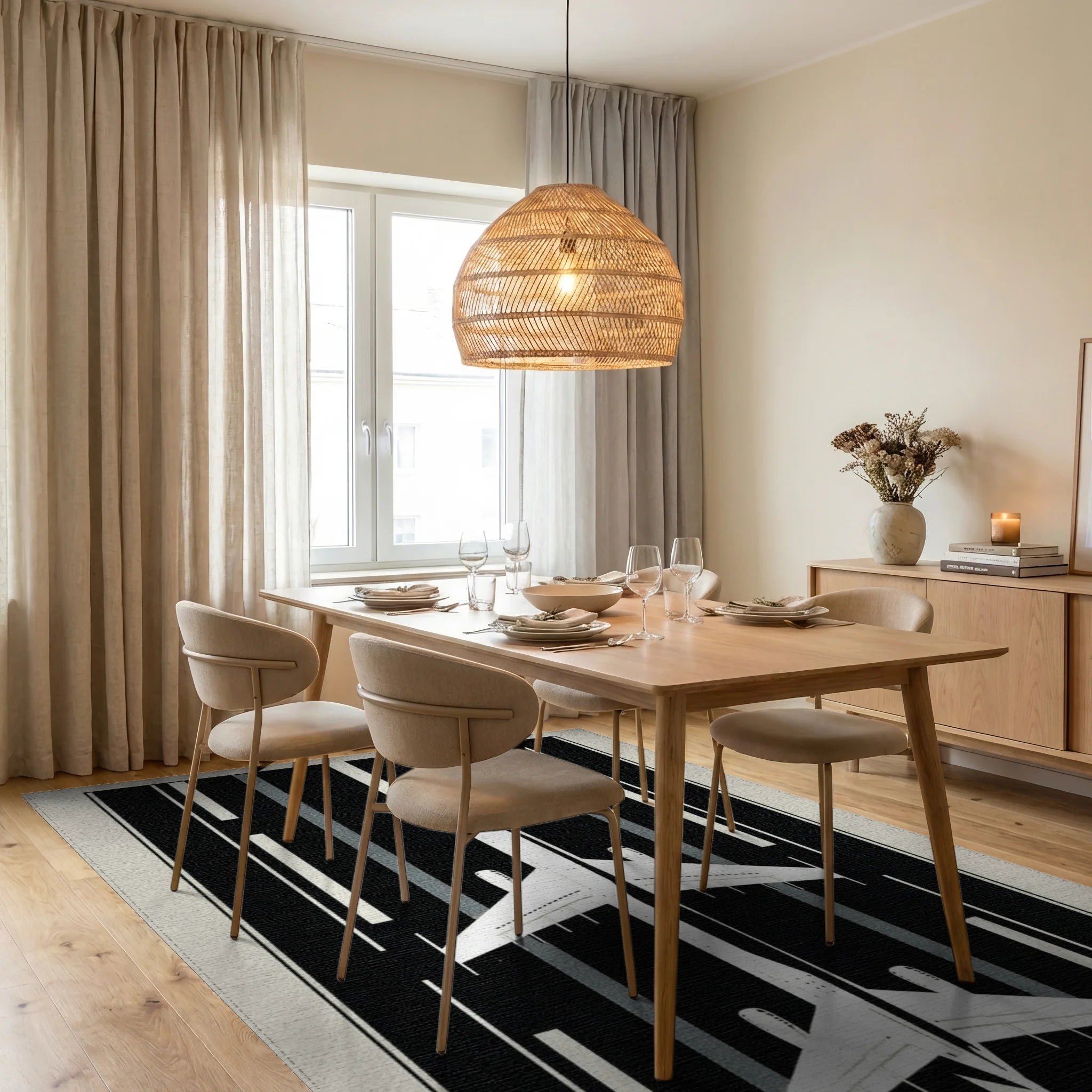 Contrast Plane Runway Graphic Rug - Dining Room View