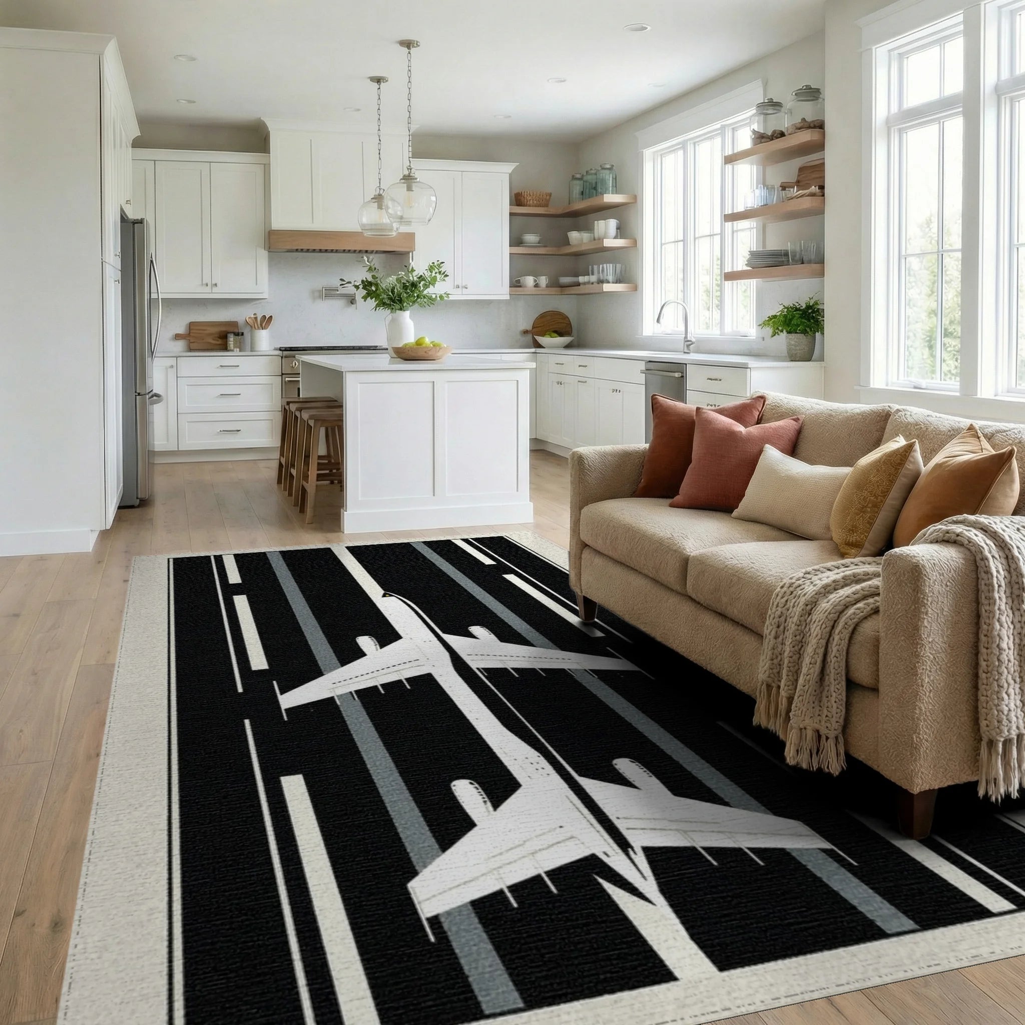 Contrast Plane Runway Graphic Rug - Living Room View