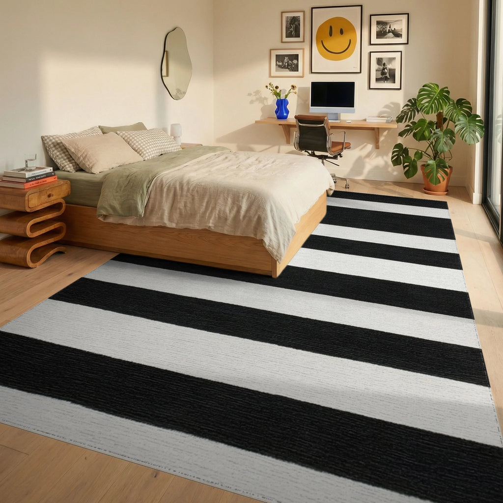 Contrasting Broad Bands Stripe Area Rug - Bedroom View