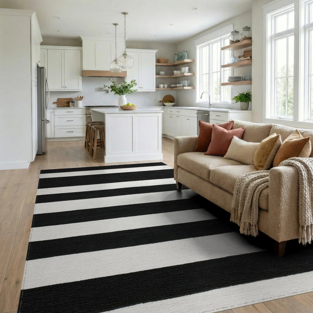 Contrasting Broad Bands Stripe Area Rug - Living Room View