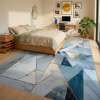 Cool Blue Geometric Marble Design Rug Bedroom View