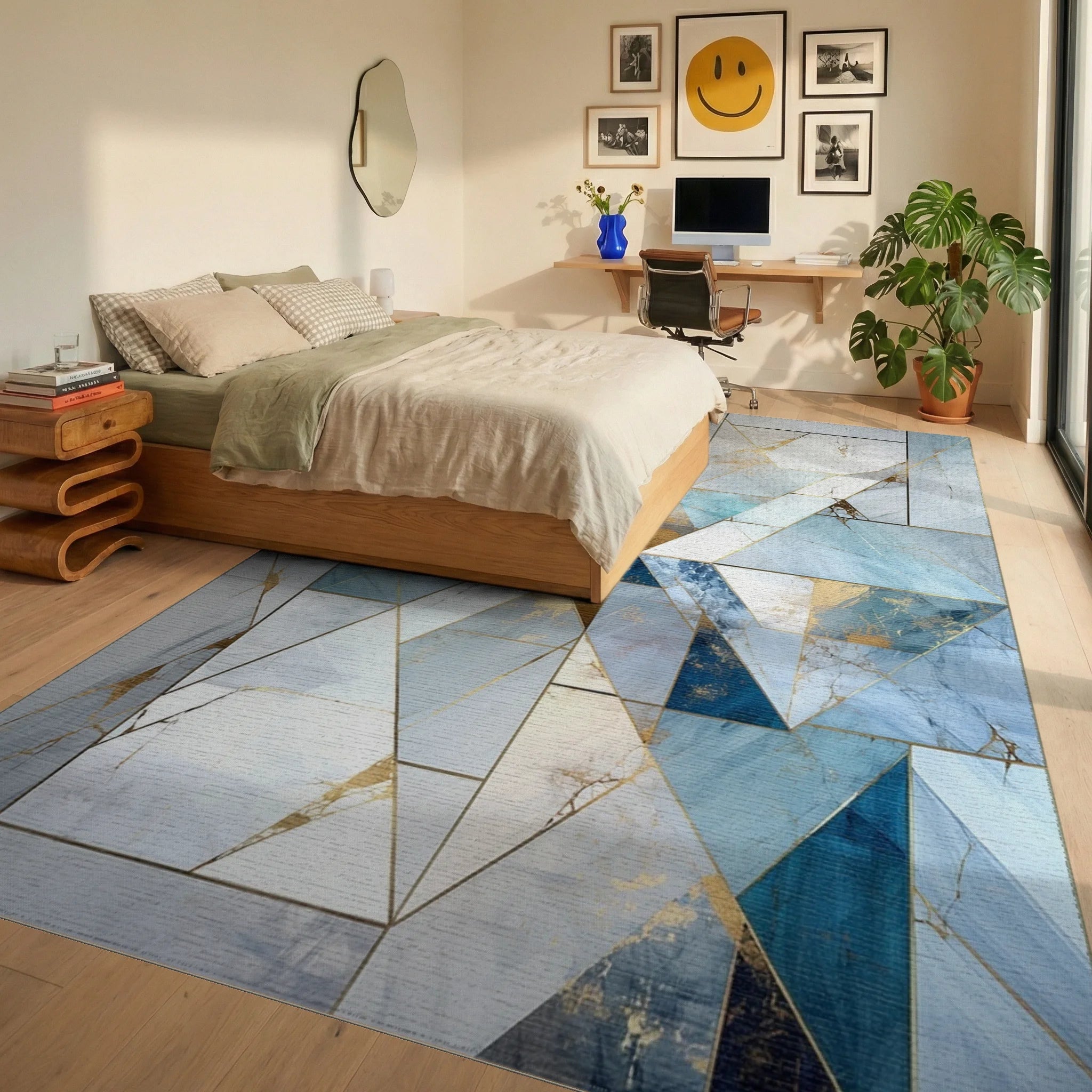 Cool Blue Geometric Marble Design Rug Bedroom View