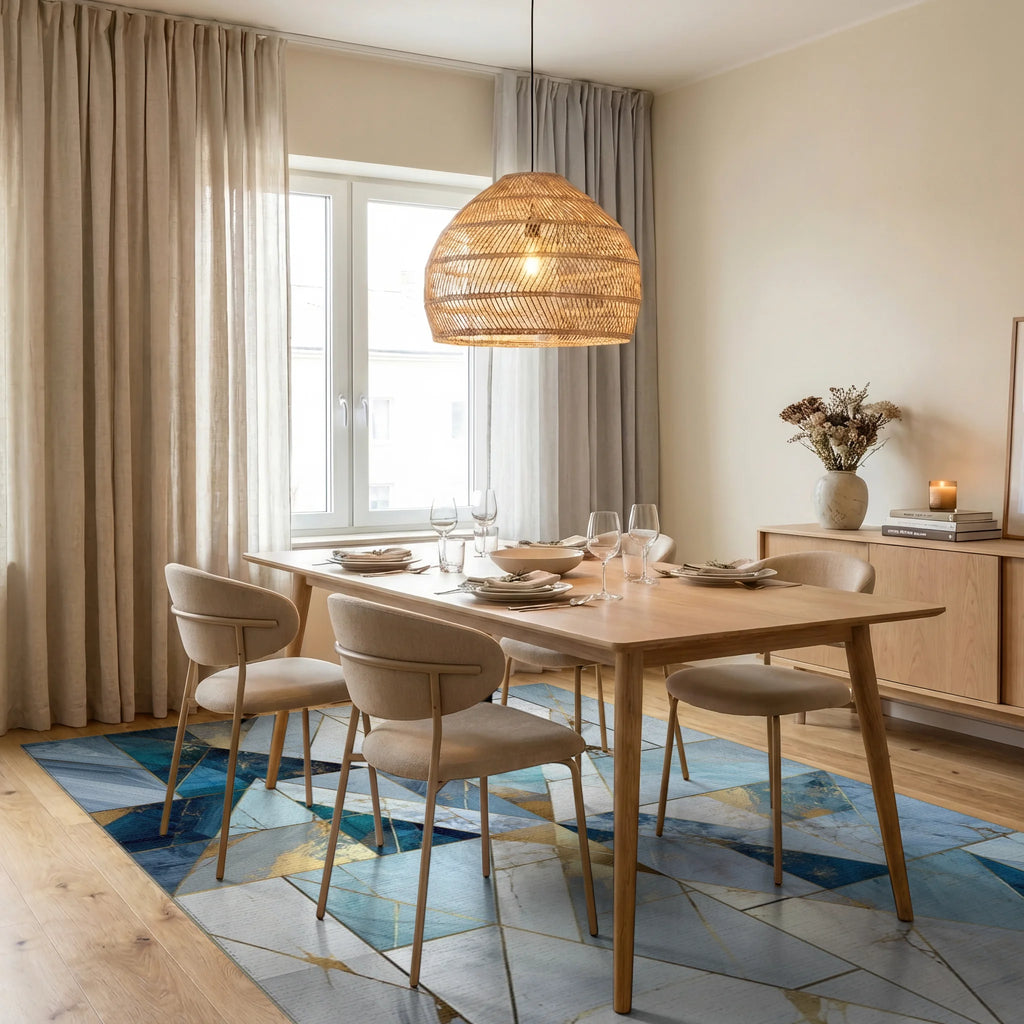 Cool Blue Geometric Marble Design Rug Dining Room View