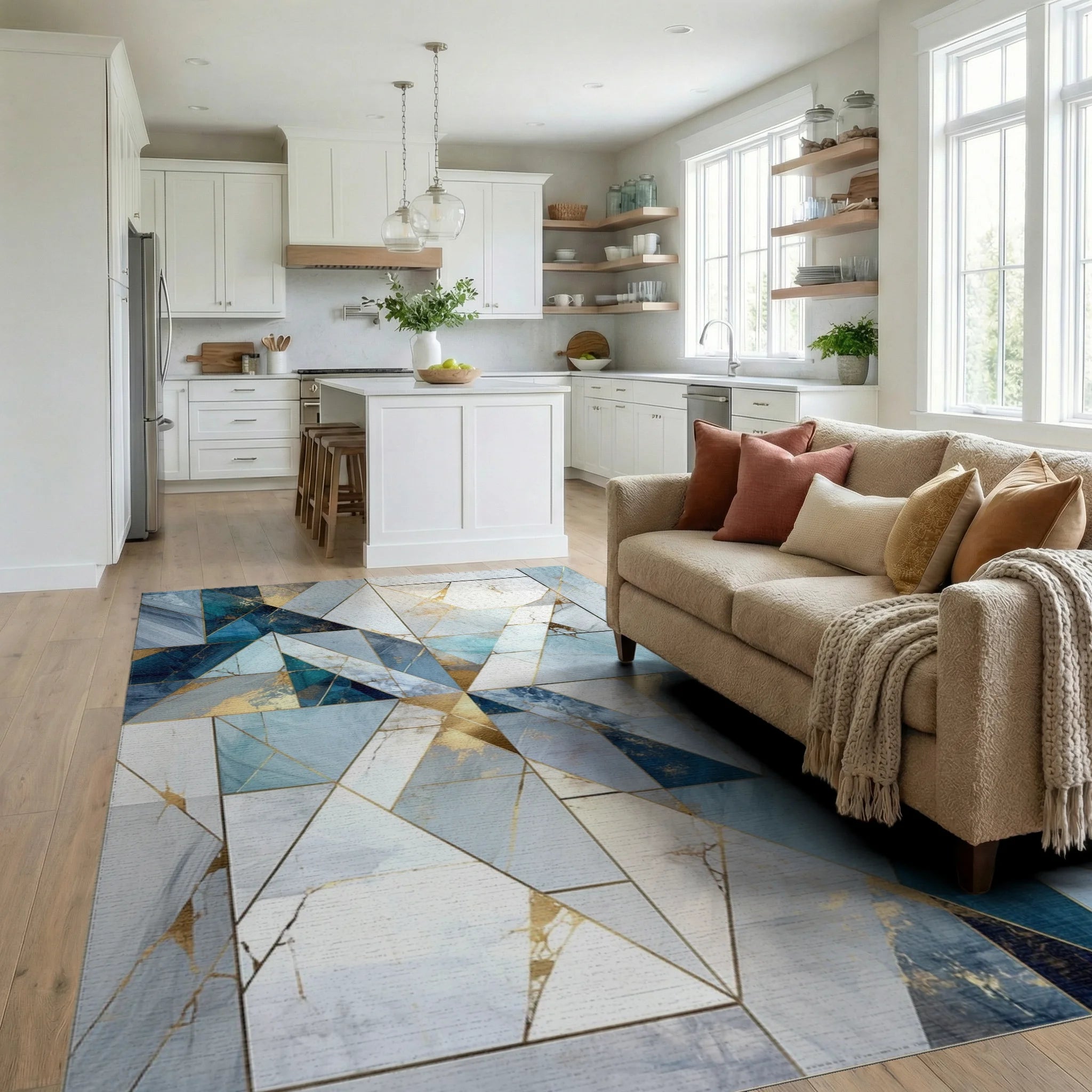 Cool Blue Geometric Marble Design Rug Living Room View