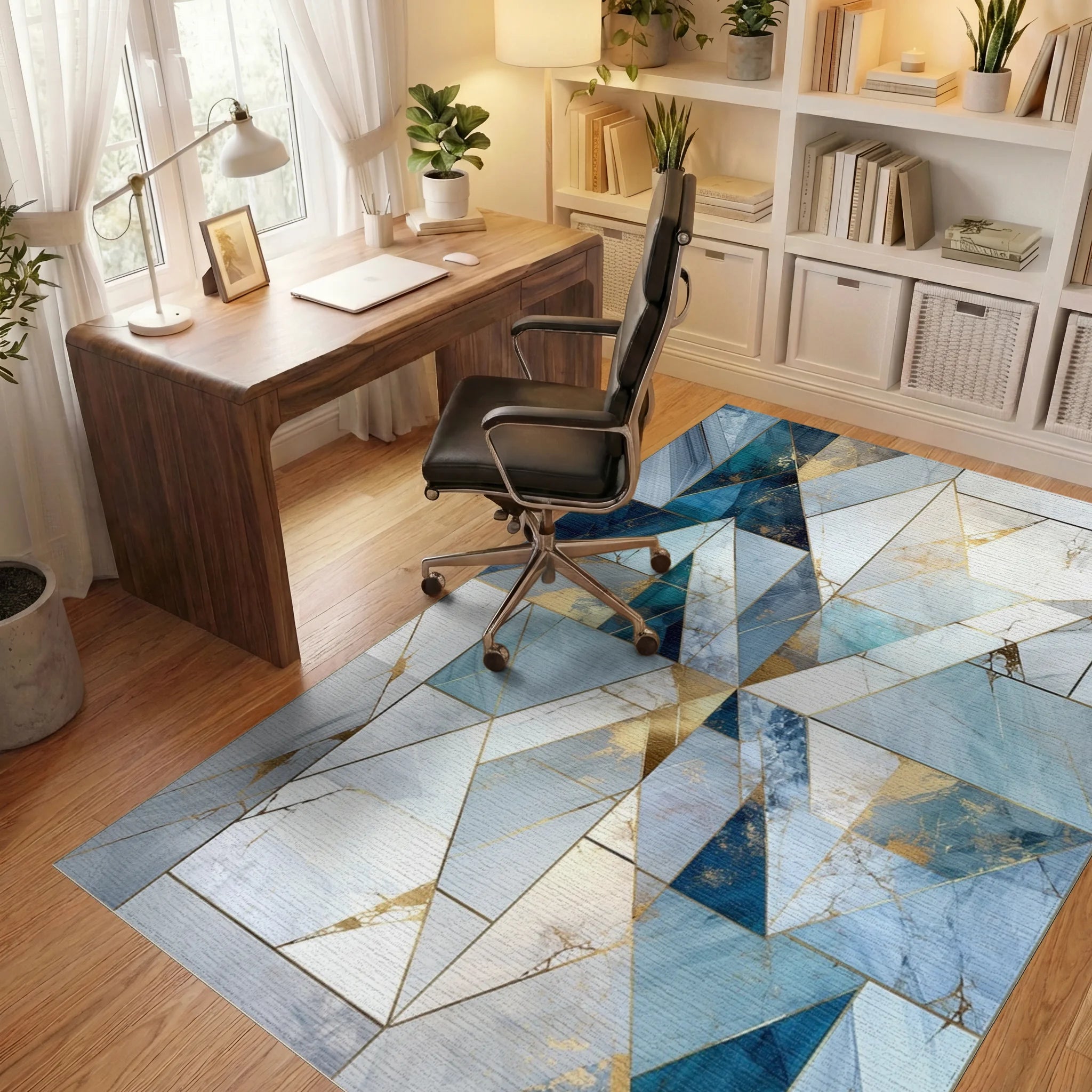 Cool Blue Geometric Marble Design Rug Office View