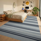 Cool Gray Navy Blue Striped Rug Bedroom View