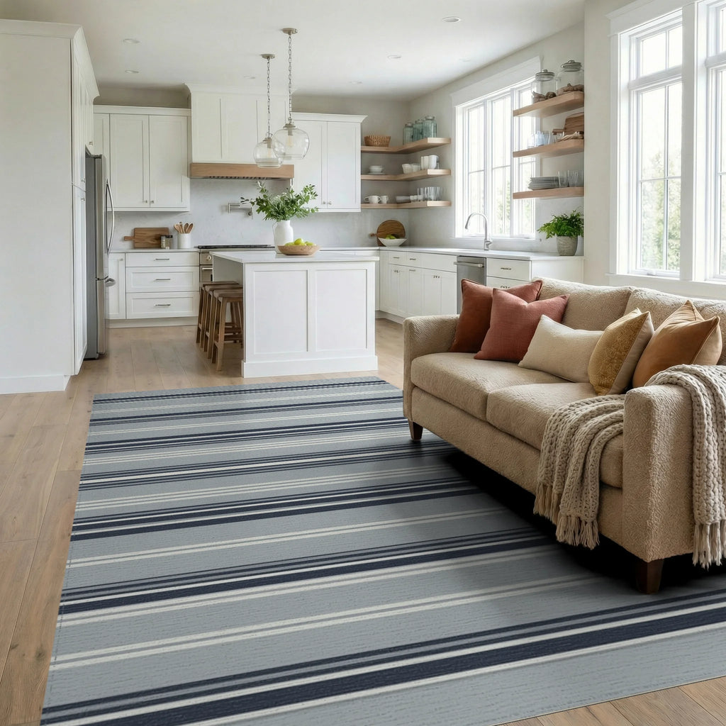 Cool Gray Navy Blue Striped Rug Living Room View