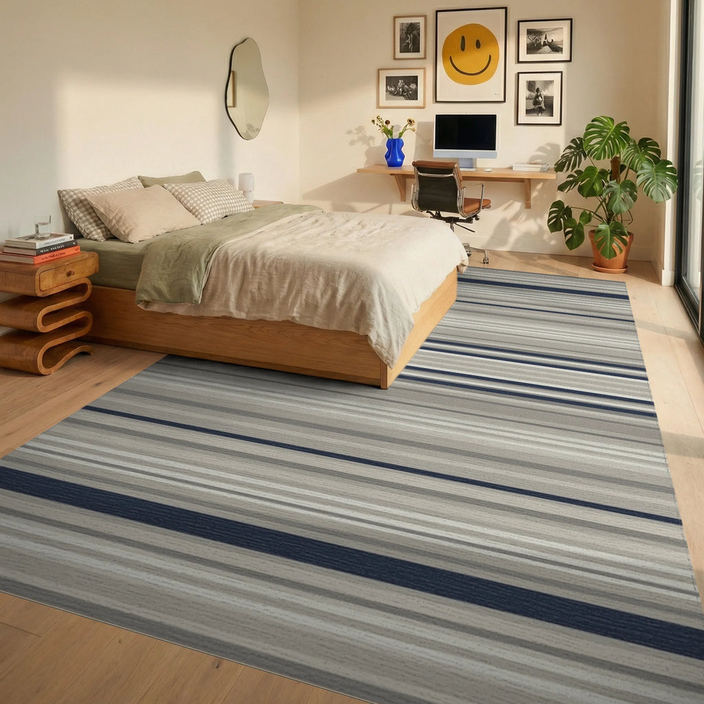 Cool Neutrals Navy Stripe Rug Bedroom View