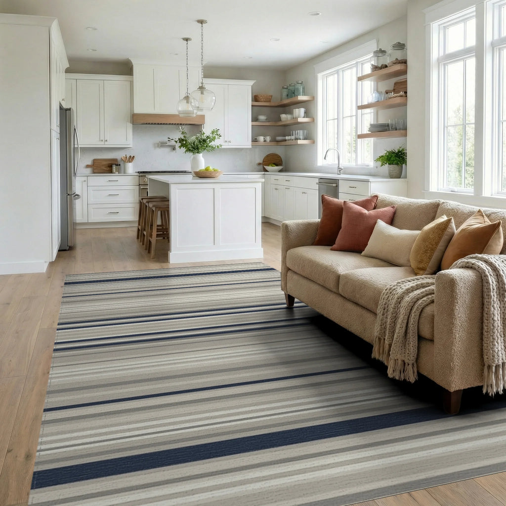Cool Neutrals Navy Stripe Rug Living Room View