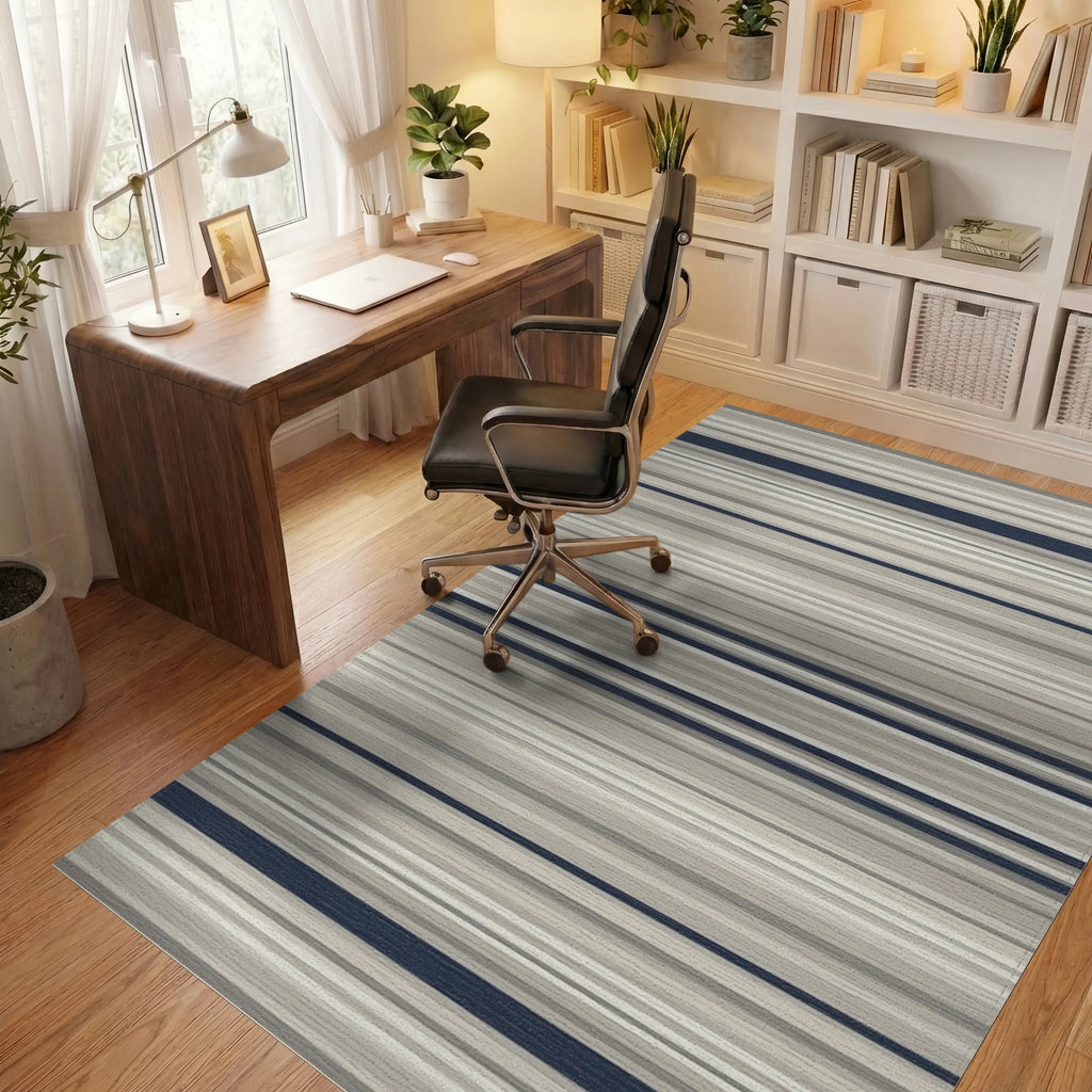 Cool Neutrals Navy Stripe Rug Office View