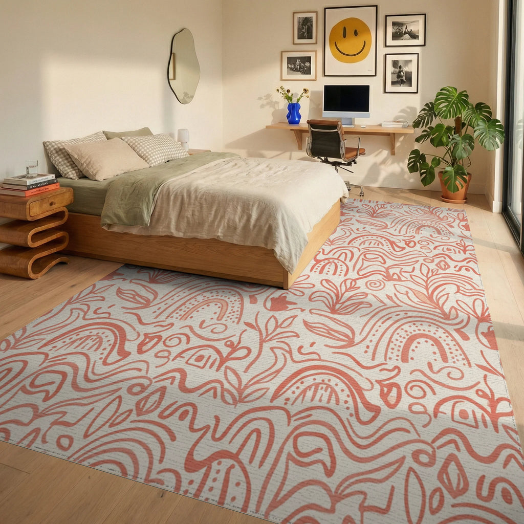 Coral Abstract Floral Rainbow Swirls Rug Bedroom View