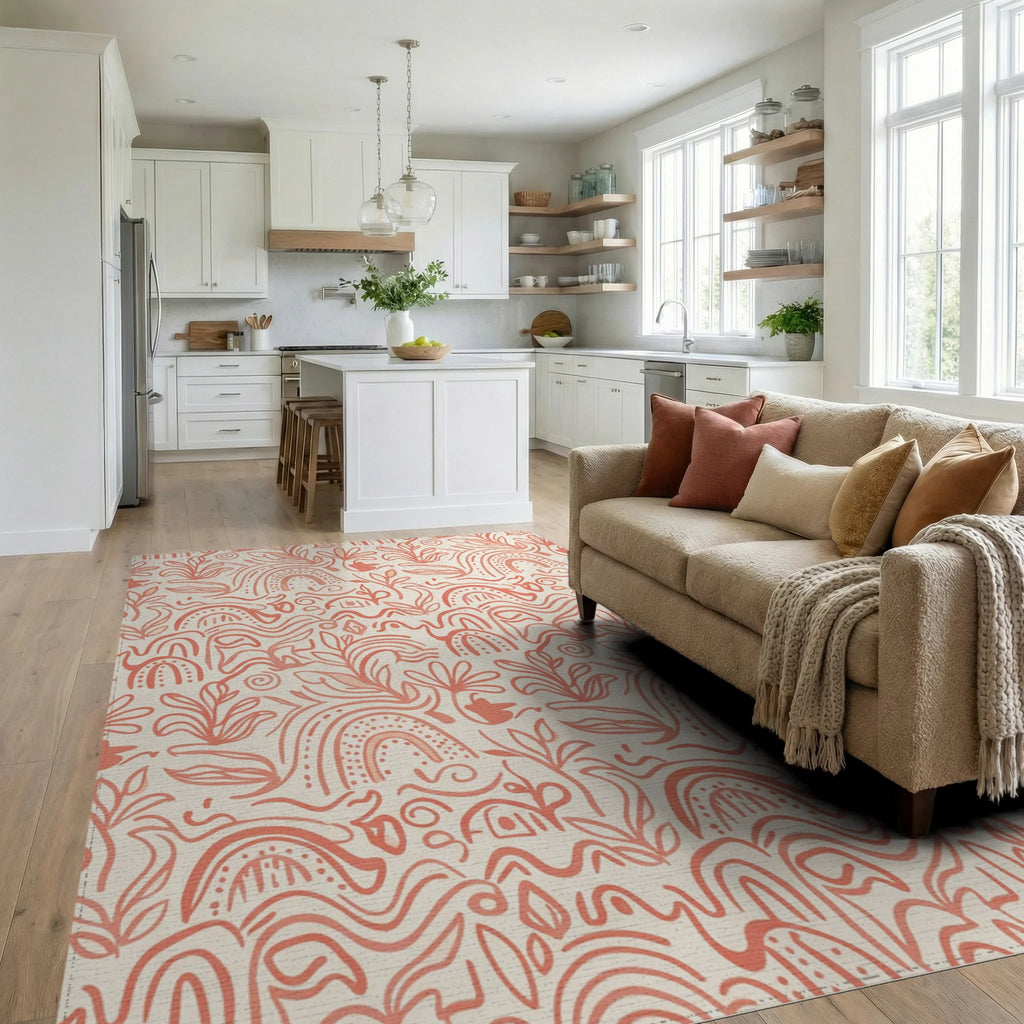 Coral Abstract Floral Rainbow Swirls Rug Living Room View