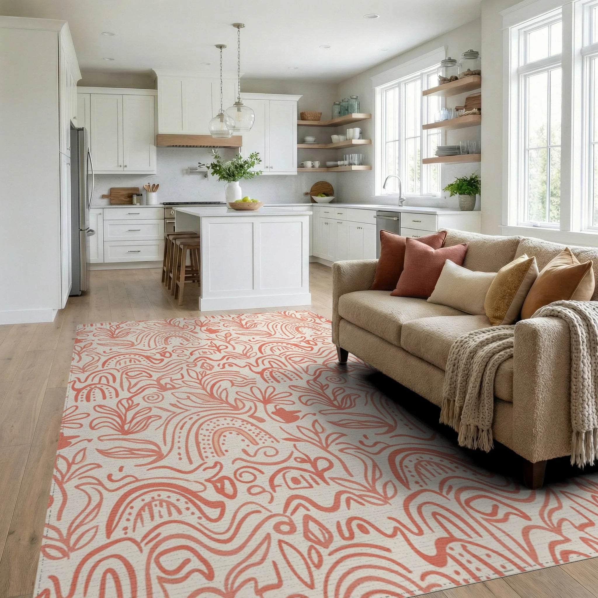 Coral Abstract Floral Rainbow Swirls Rug Living Room View