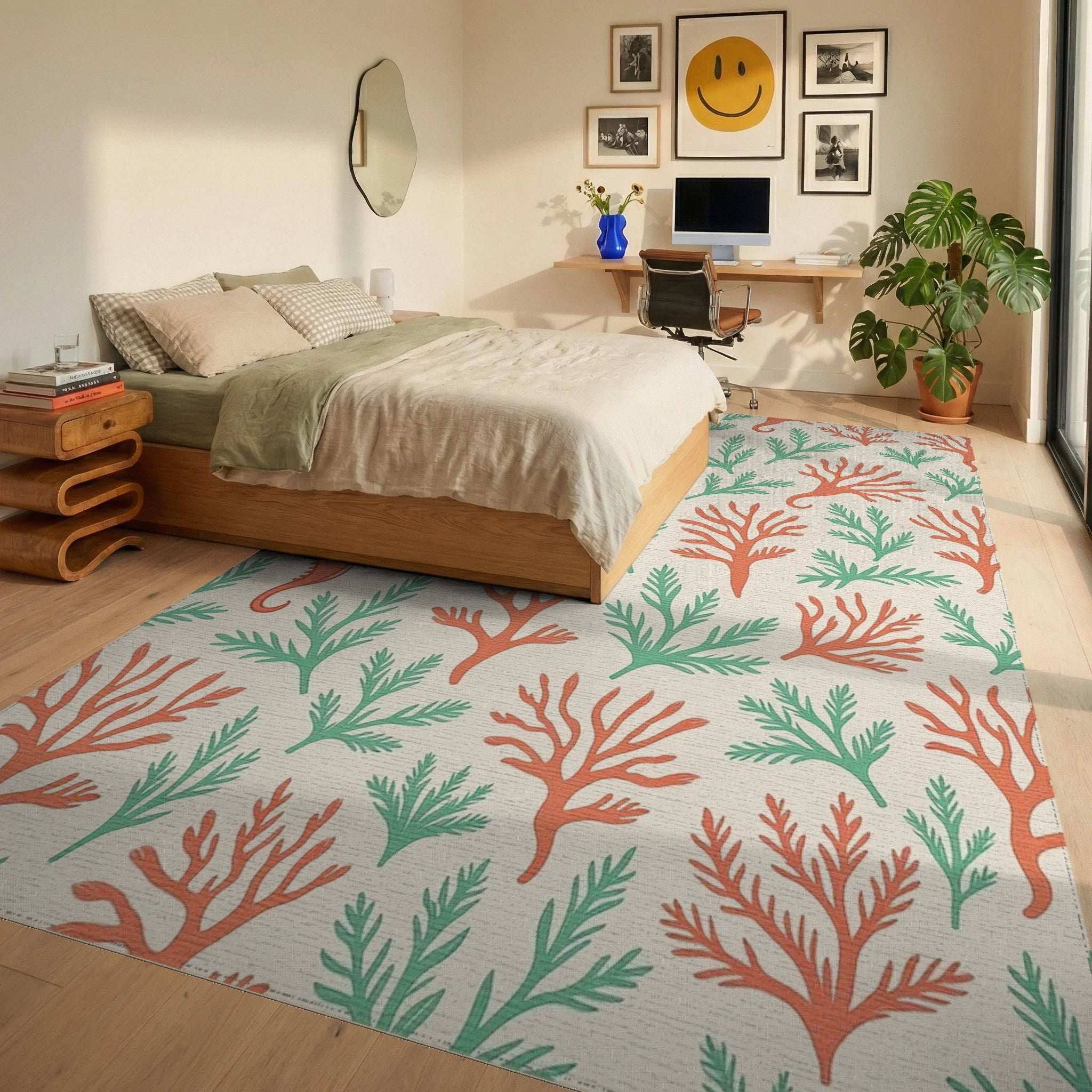 Coral and Seaweed Seascape Marine Theme Rug Bedroom View
