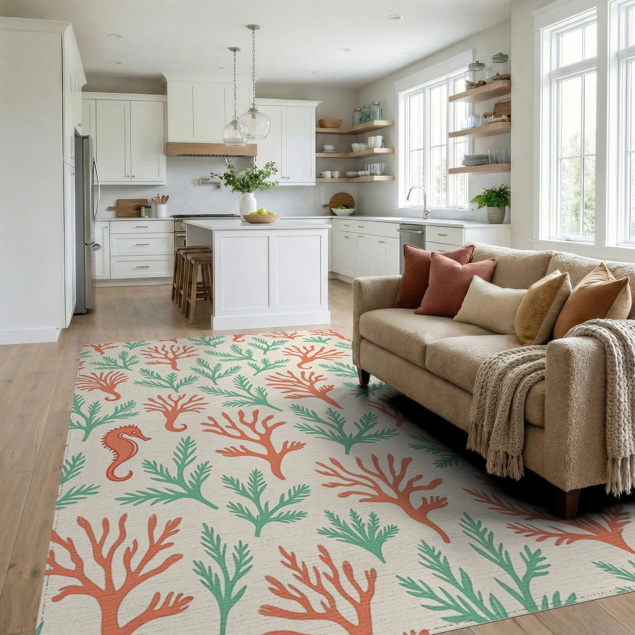 Coral and Seaweed Seascape Marine Theme Rug Living Room View