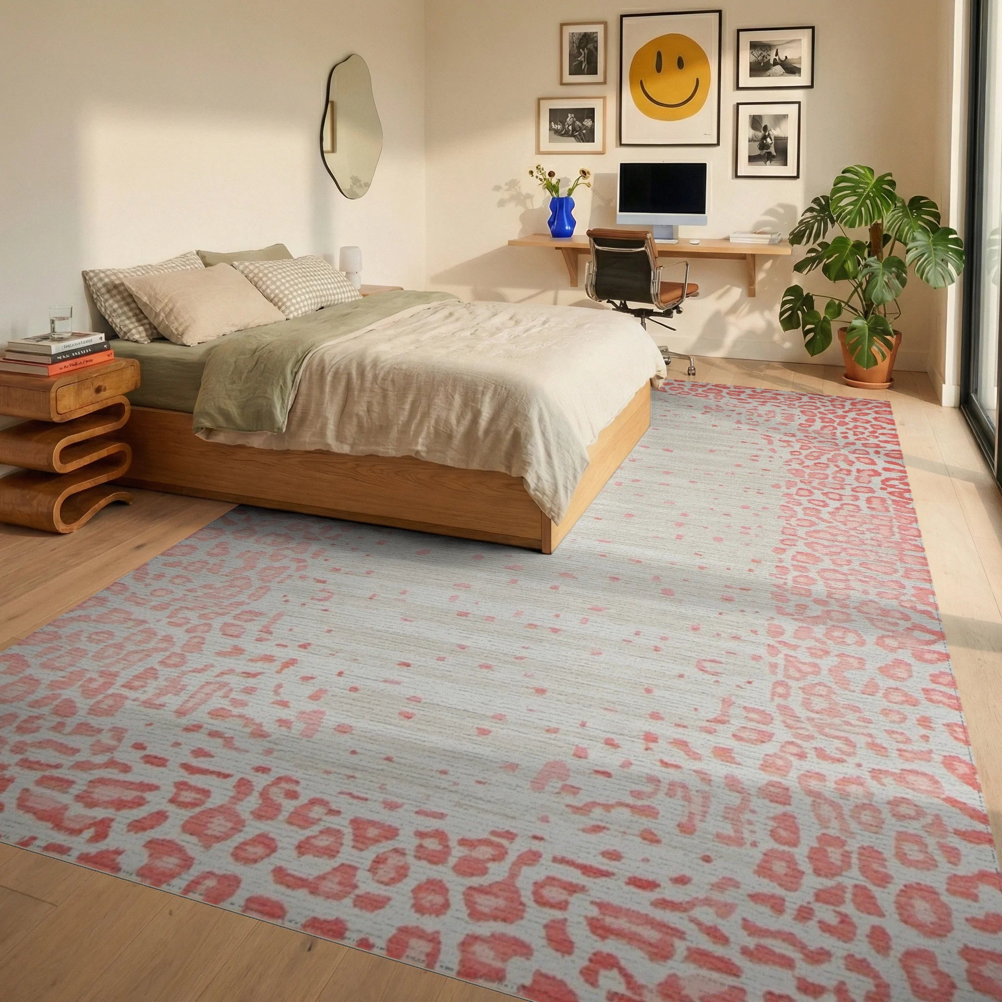 Coral Animal Print Textured Rug - Bedroom View