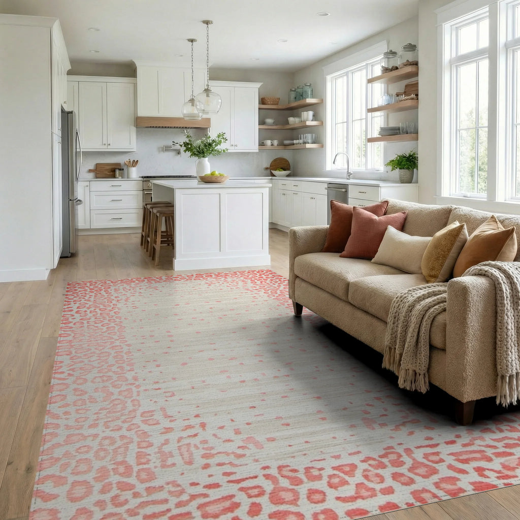 Coral Animal Print Textured Rug - Living Room View