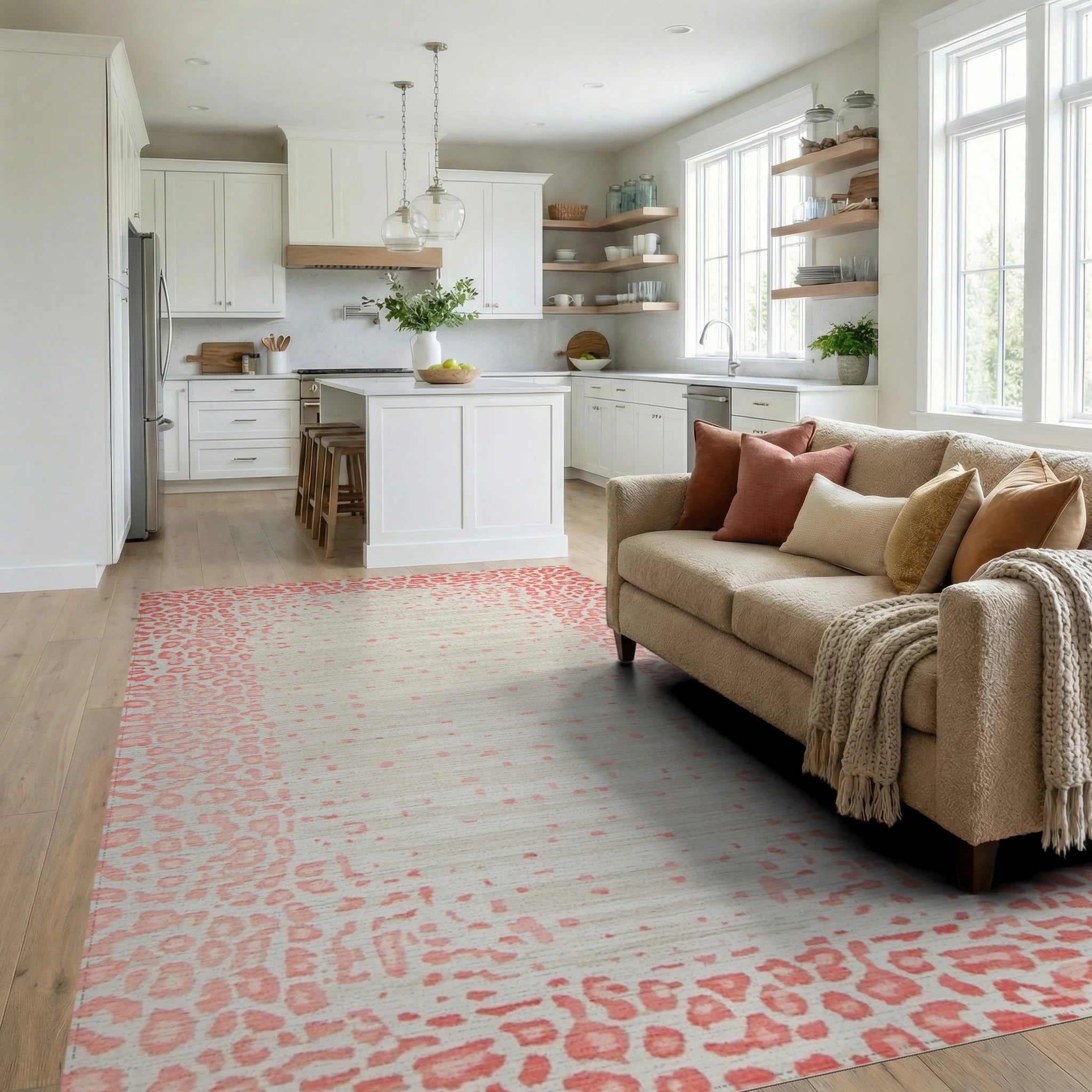 Coral Animal Print Textured Rug - Living Room View