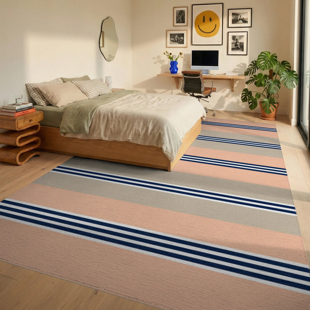 Coral Beige Navy Stripe Rug Bedroom View