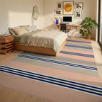 Coral Beige Navy Stripe Rug Bedroom View