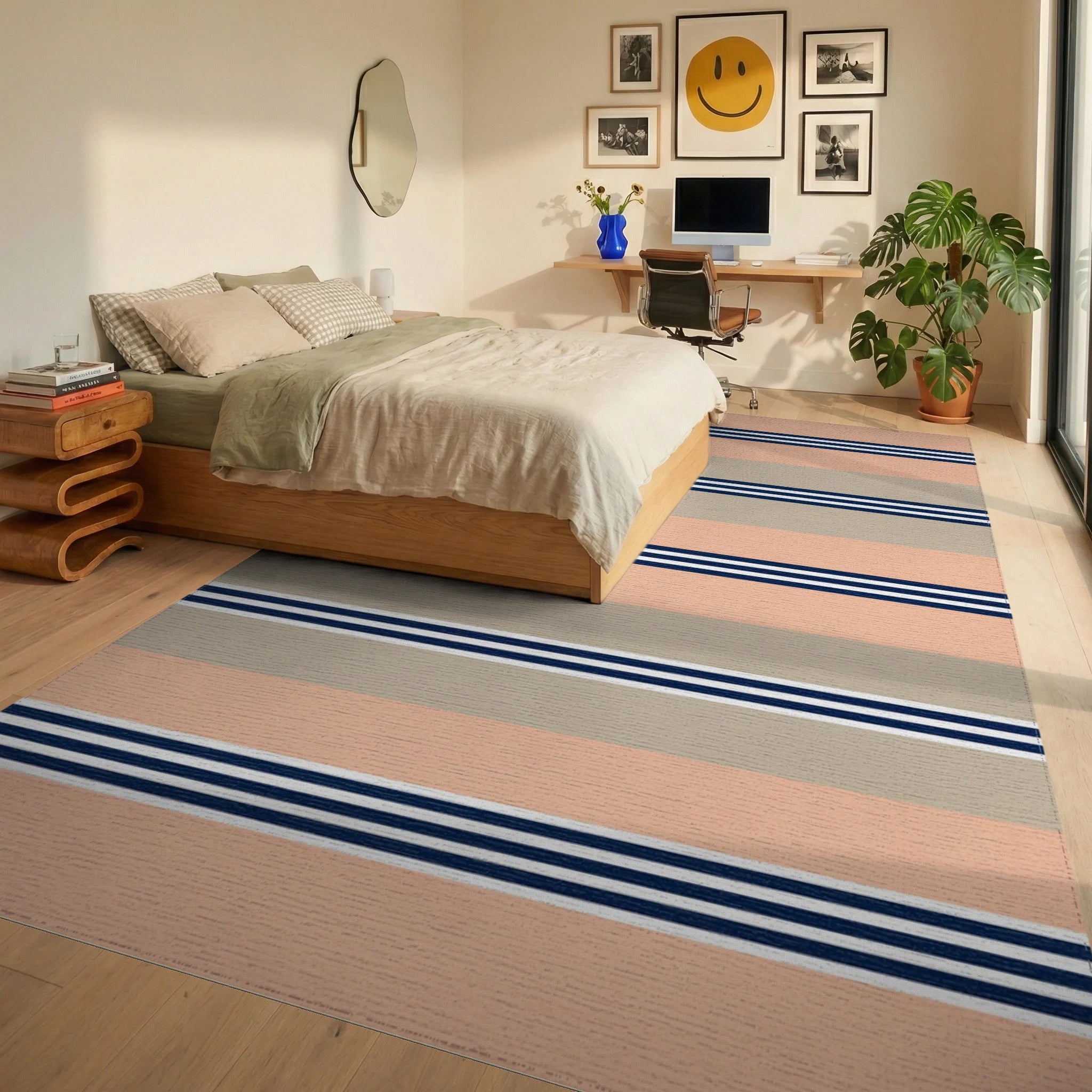 Coral Beige Navy Stripe Rug Bedroom View