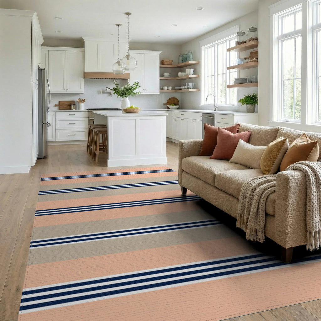 Coral Beige Navy Stripe Rug Living Room View
