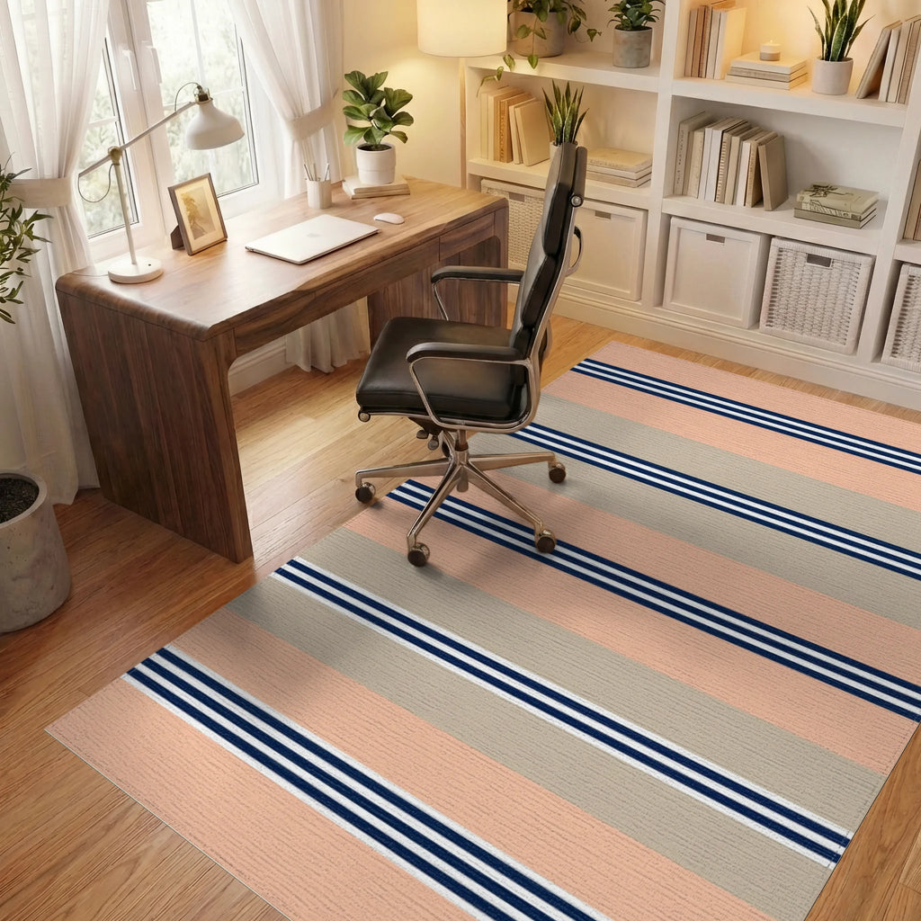Coral Beige Navy Stripe Rug Office View