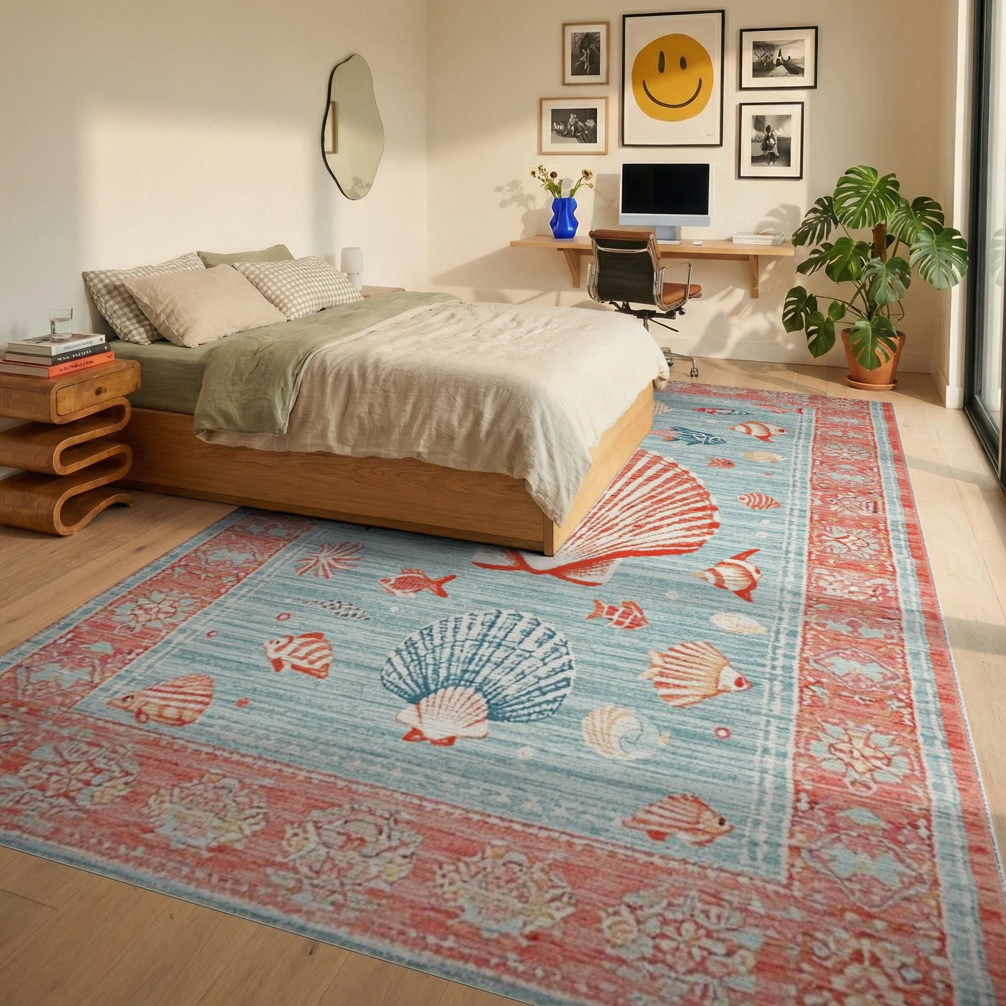 Coral Blue Seaside Aquatic Life Rug - Bedroom View