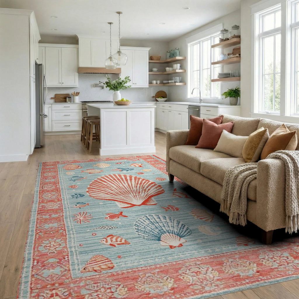 Coral Blue Seaside Aquatic Life Rug - Living Room View