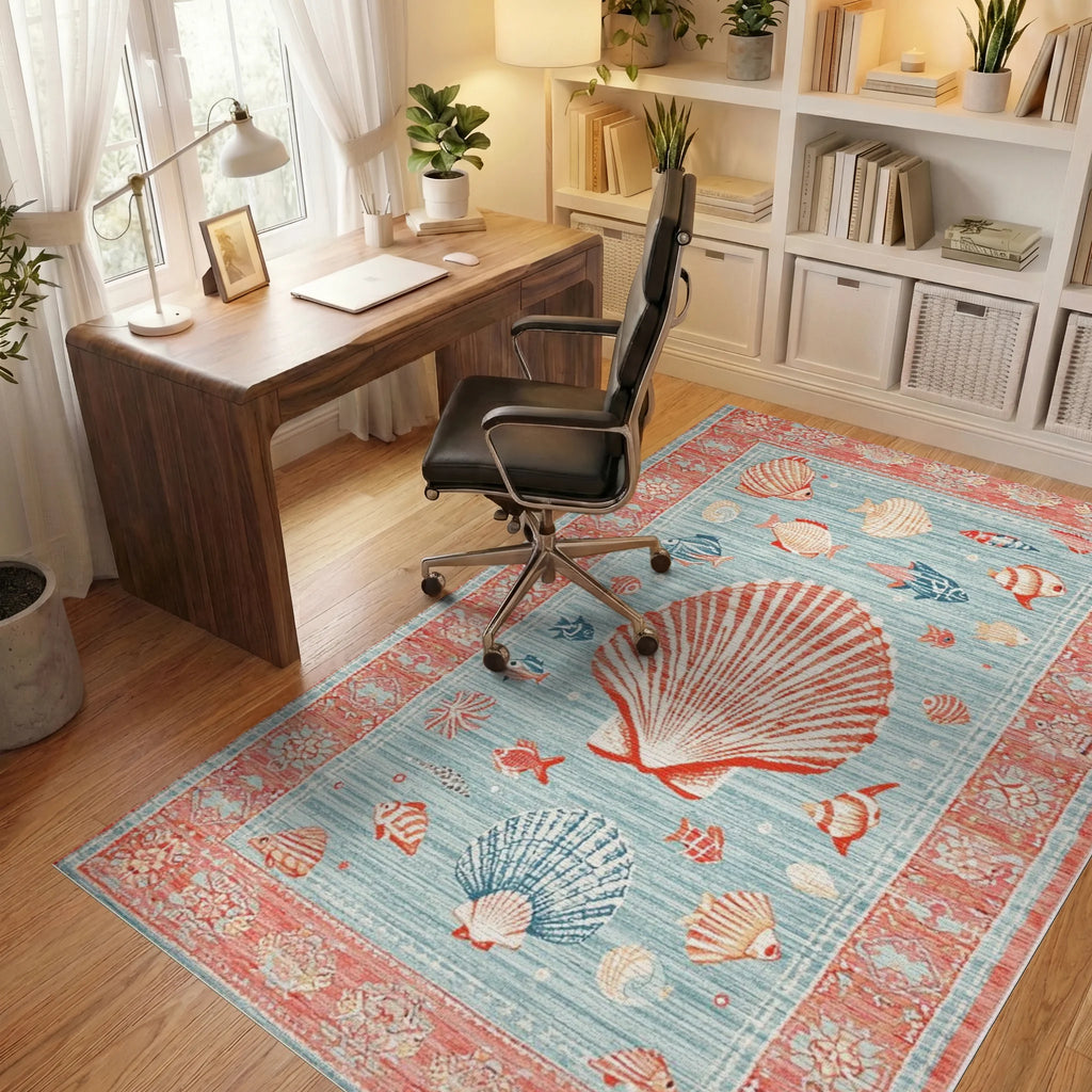 Coral Blue Seaside Aquatic Life Rug - Office View