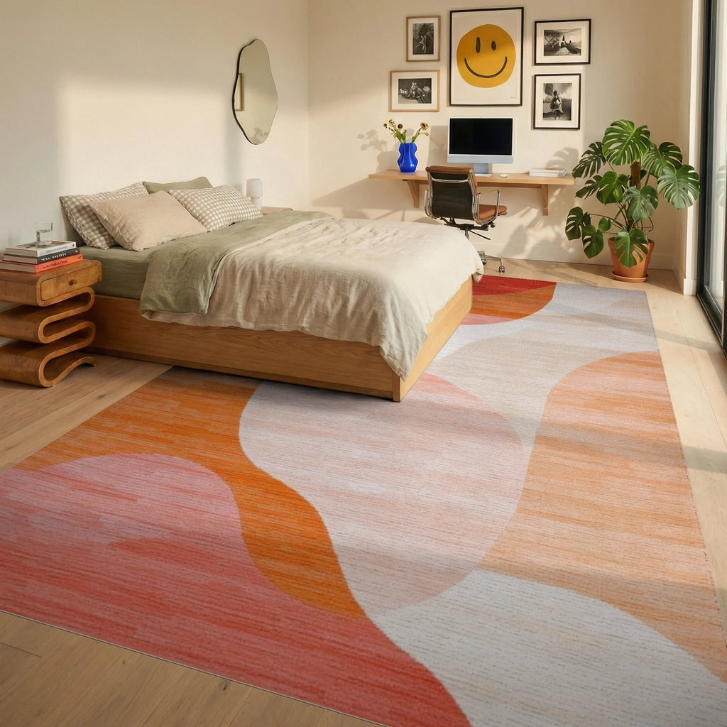 Coral Blush Abstract Wavy Rug - Bedroom View